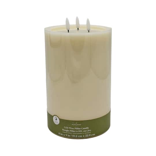6" x 9" Flickering 3-Wick LED Wax Pillar Candle by Ashland®